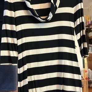 White House Black Market Black and Cream Striped Cowl Neck Sweater